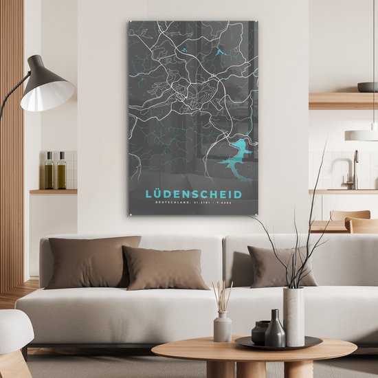 MuchoWow® Peinture sur verre 80x120 cm - Peinture sur verre acrylique - Blauw - Allemagne - Carte - Plan de la ville - Carte - Lüdenscheid - Photo sur verre - Peintures