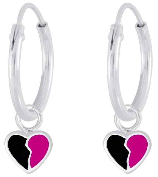Joy|S - Zilveren hartje bedel oorbellen - zwart roze - oorringen