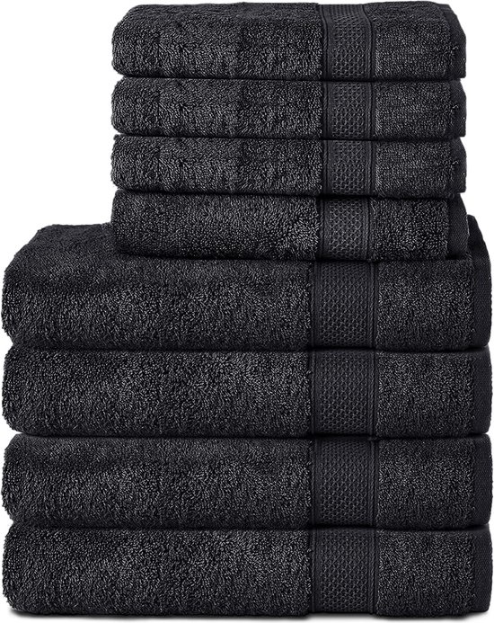 Set van 8 handdoeken van 100% katoen, 4 badhanddoeken 70x140 en 4 handdoeken 50x100 cm, badstof, zacht, handdoek, groot, zwart