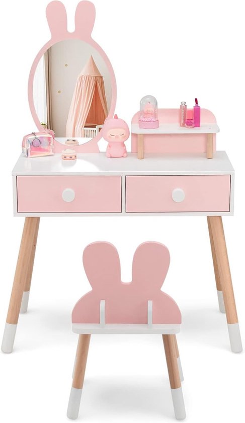 Make-uptafel voor kinderen, met konijnendesign, 2-in-1 kaptafel met spiegel, 2 laden en plank, make-upset met massief houten poten voor meisjes (roze)