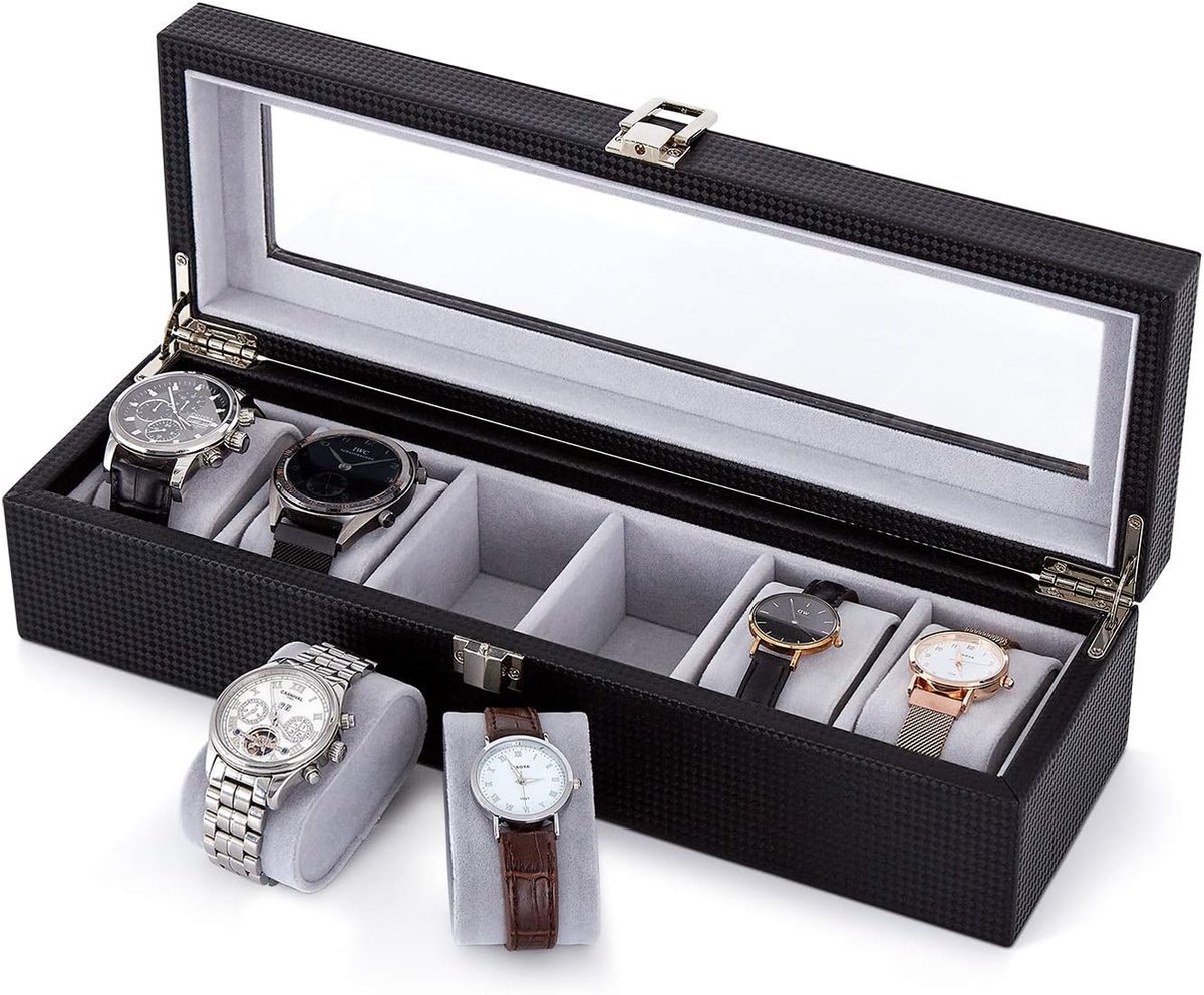 horlogekast voor 6 horloges met glazen venster, 34,5 x 11 x 8,5 cm, kunstleer en fluwelen binnenvoering, horlogebox met zilveren metalen sluiting, zwart