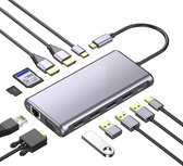 DrPhone MD1 12 in 1 Multipoort USB C HUB 4K - 3 Schermen + Poorten Uitbreiden - USB-C naar Dubbele HDMI/VGA/2xUSB 3.0/2x USB 2.0/USB C PD 100W - (Micro)SD + RJ45 Ethernet