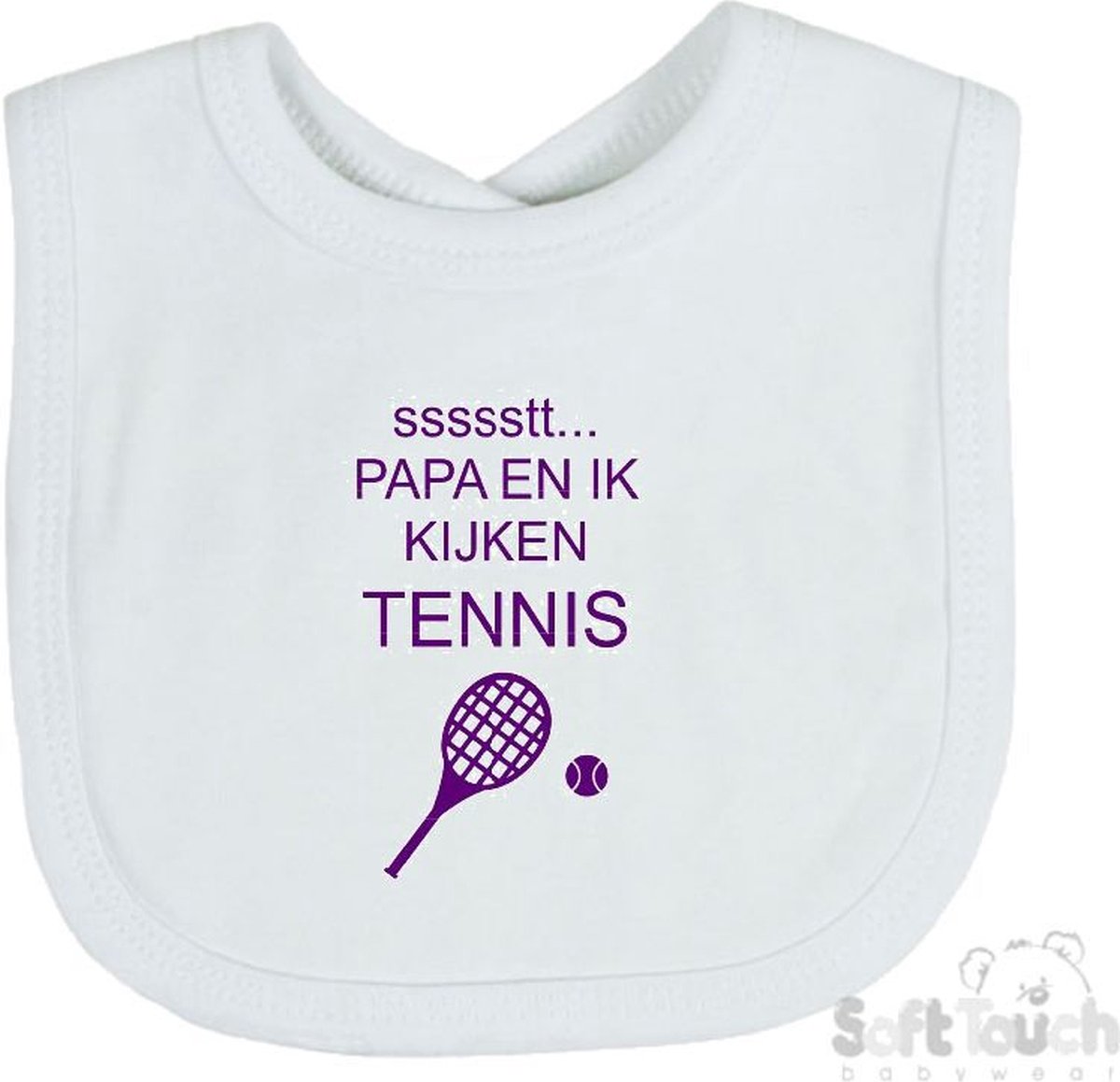 Goedkoopste Soft Touch Slabber Slabbetje Slab ssssstt... Papa en ik kijken tennis Unisex Katoen Wit/paars Maat 33x22 Cm