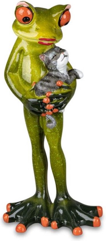 Kikkerbeeldje kikker met huisdier poes 18cm - kunsthars - willekeurige kleur - dieren beeldjes