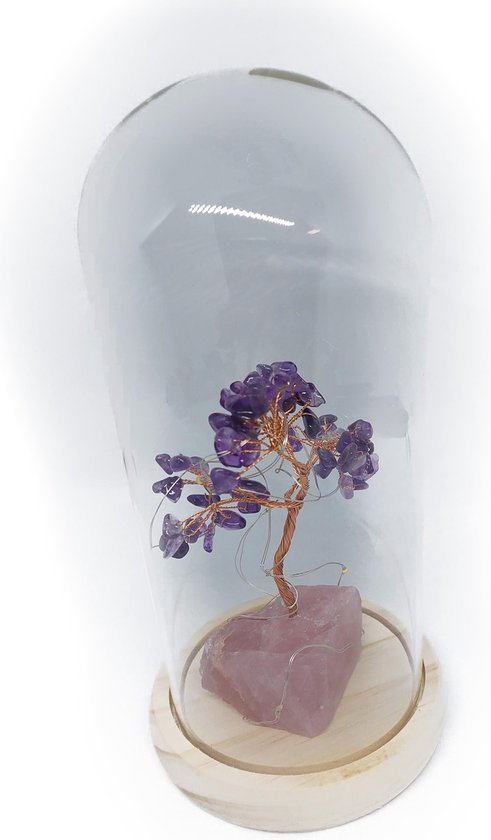 VALENTIJN - Stolp glas met verlichting en edelsteen geluksboom Amethist - Geluk boom - Edelsteen boom