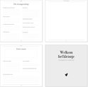 Boekpagina's met 'De zwangerschap' en 'Jouw naam', en een 'Welkom lief kleintje' pagina.