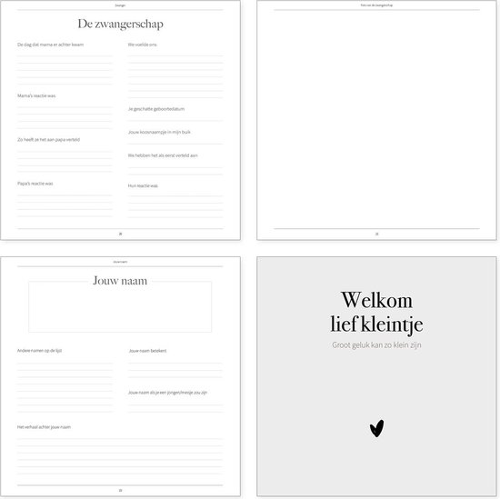 Boekpagina's met 'De zwangerschap' en 'Jouw naam', en een 'Welkom lief kleintje' pagina.