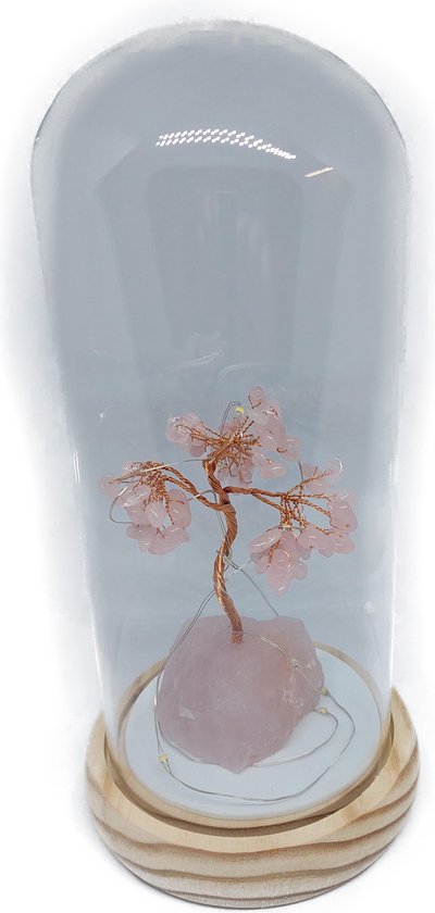 VALENTIJN - Stolp van glas met verlichting en edelsteen geluksboom Rozenkwarts - Geluk boom - Edelsteen boom