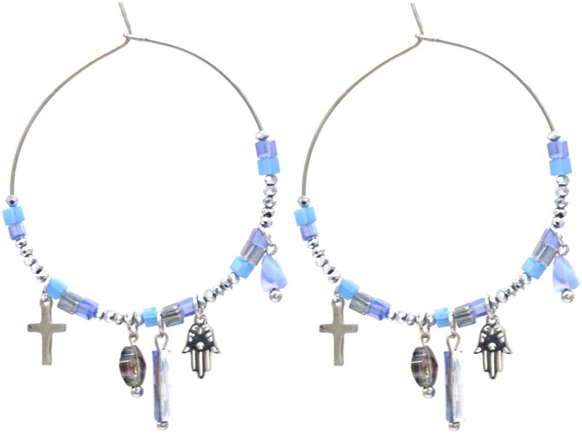 Oorbellen met Glaskralen - Oorhangers - RVS - 4x5,5 cm - Donkerblauw