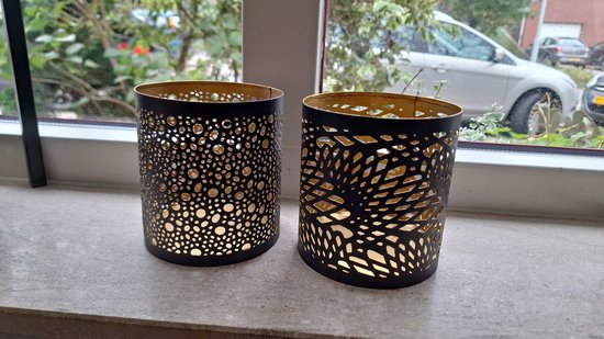 Zwartmetalen windlichtjes met gouden afwerking, set van 3