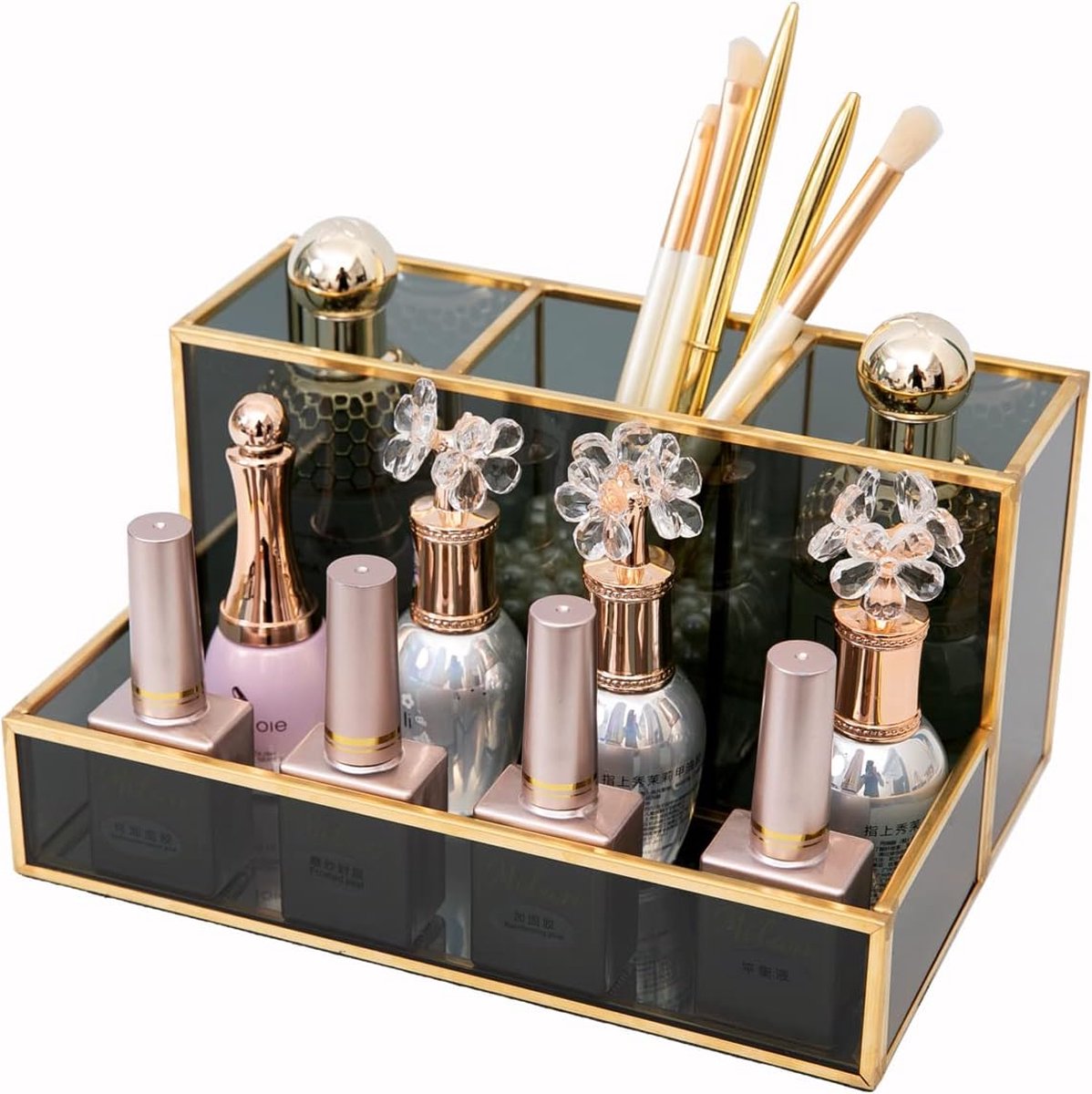Cosmetica-organizer voor make-up beauty-organizer penseelhouder goud zwart glas cosmeticabox opslag van make-up transparant decoratief dienblad 20 x 14 x 10 cm
