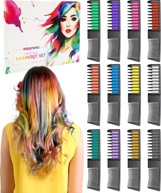 Easynova Haarkrijt voor Kinderen - Haarkleuring - 12 Kleuren - Hair Chalk - Haarkleuring Voor Carnaval