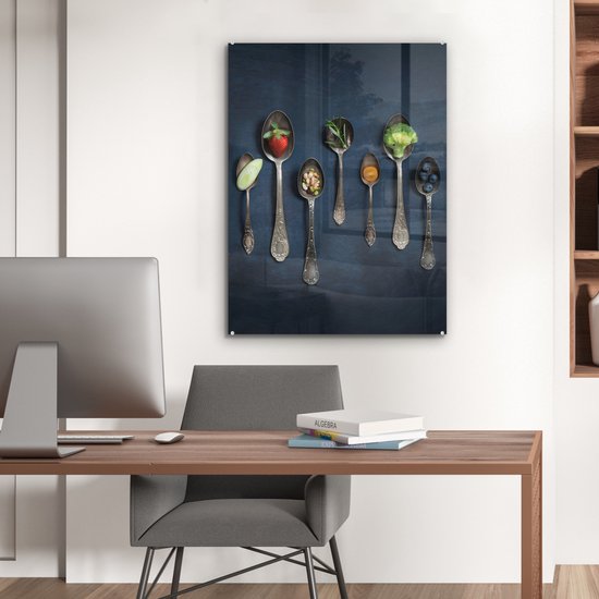 MuchoWow® Peinture sur verre 60x80 cm - Peinture sur verre acrylique - Herbes - Cuillère - Argent - Épices - Industriel - Photo sur verre - Peintures
