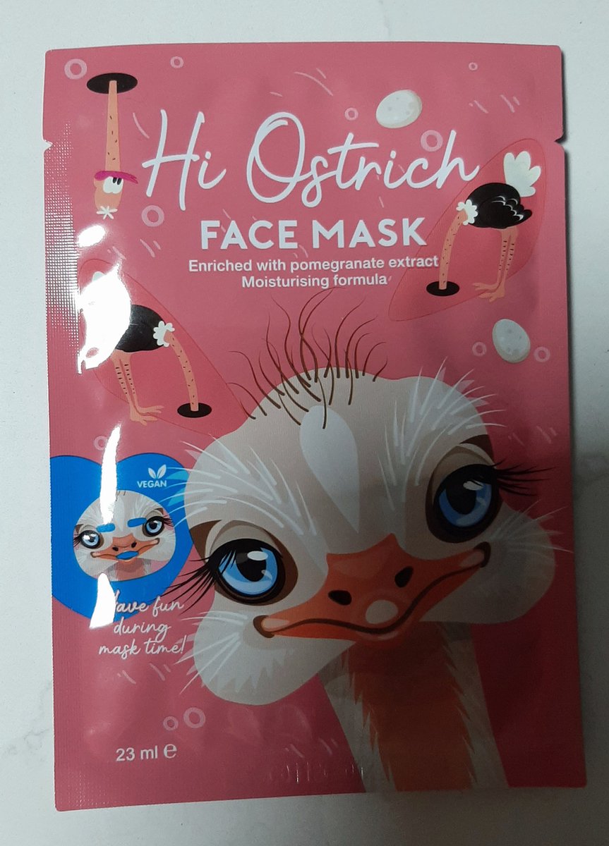 Gezichtsmasker Hi Ostrich struisvogel facemask hydraterend met granaatappel 23 ml grappig dierenmasker tissue mask