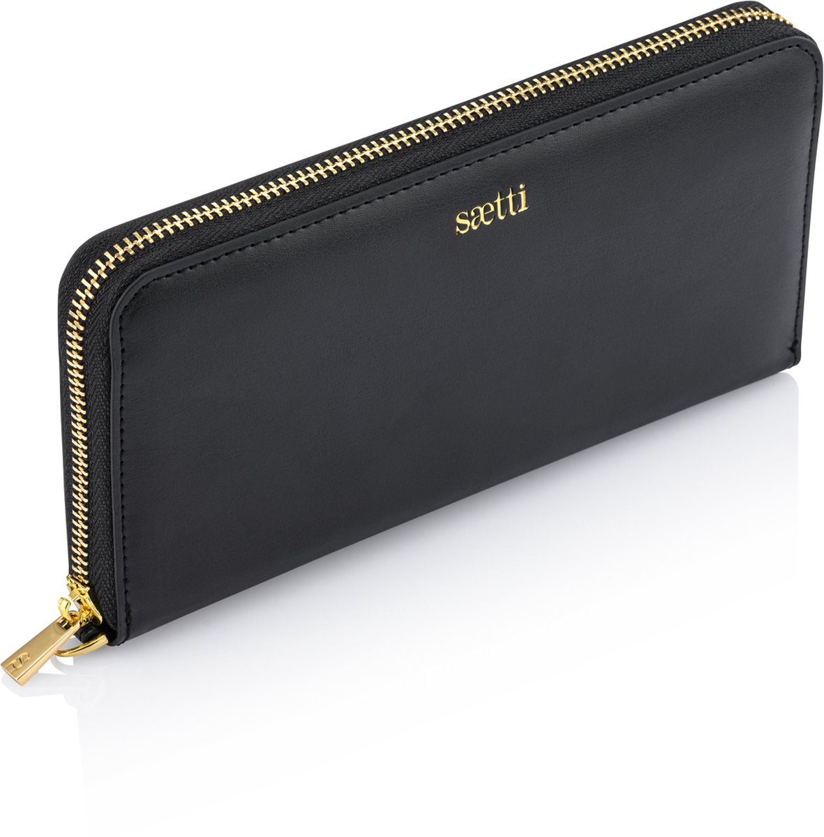 Saetti Clutch Portemonnee - Dames Portefeuille - Vrouwen Avondtas Clutch - Met Rits en Muntvak - Zwart - Echt Leer