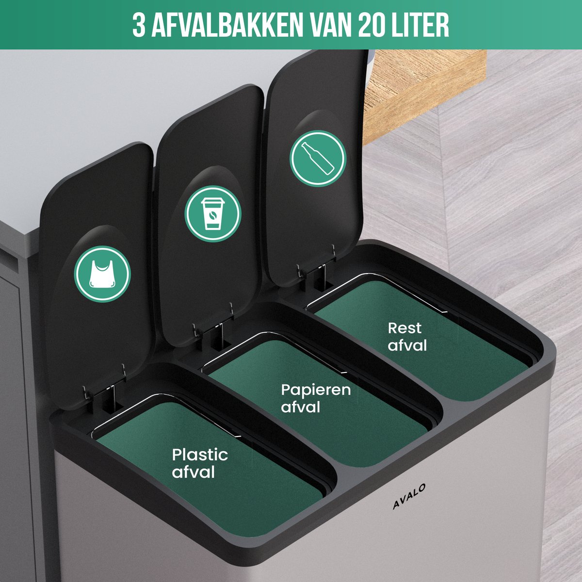 Afvalscheidingsprullenbak 2 Vakken – 60 L  2x30 Liter  Pedaalemmer Homra Quickx
