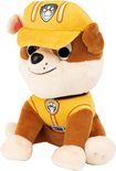 Rubble, de bouw-pup van PAW Patrol, in zijn gele constructie-uniform en helm.