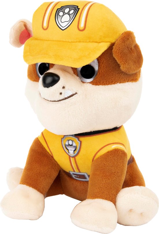 Rubble, de bouw-pup van PAW Patrol, in zijn gele constructie-uniform en helm.
