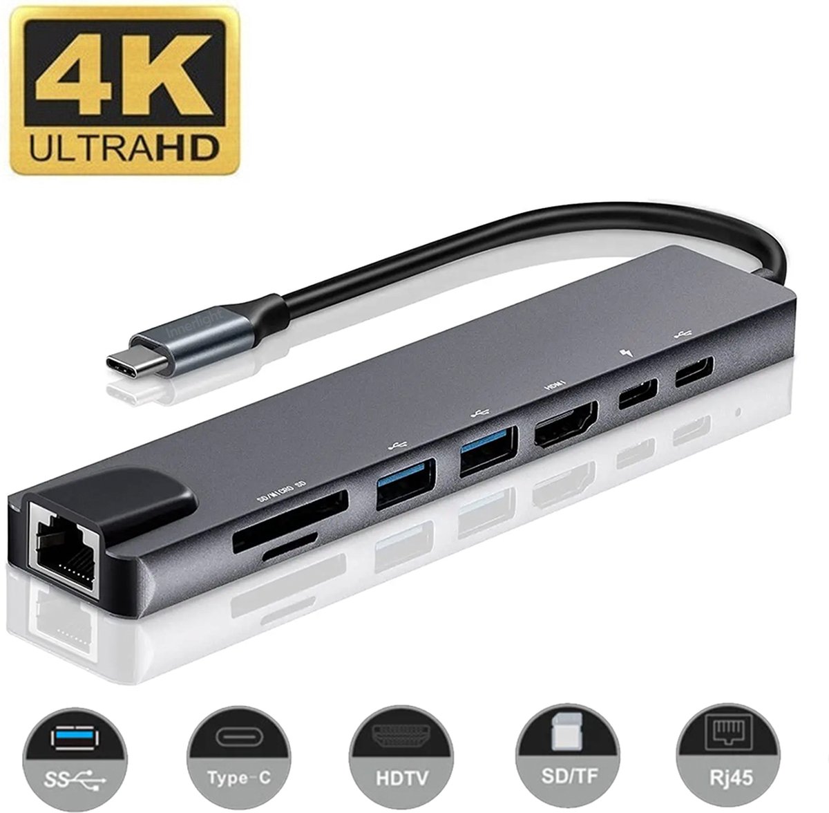 Innerlight® Connect+ 8 in 1 USB C Hub - USB splitter - USB Hub - USB C dock - USB 3.0 - 4K UHD HDMI - SD Card - Micro SD Card - USB C internet adapter - USB C Cardreader - Macbook - Windows - Tablet - Universeel