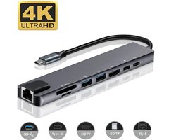 Innerlight® Connect+ 8 in 1 USB C Hub - USB splitter - USB Hub - USB C dock - USB 3.0 - 4K UHD HDMI - SD Card - Micro SD Card - USB C internet adapter - USB C Cardreader - Macbook - Windows - Tablet - Universeel