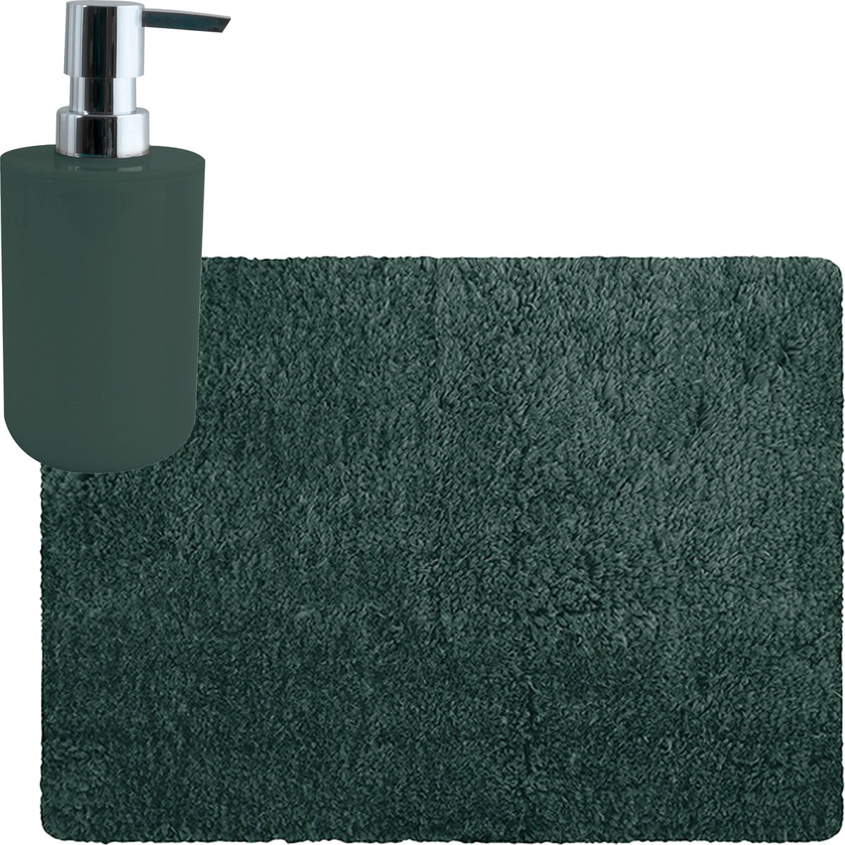 MSV badkamer droogloop tapijt matje Langharig 50 x 70 cm inclusief zeeppompje in dezelfde kleur donkergroen