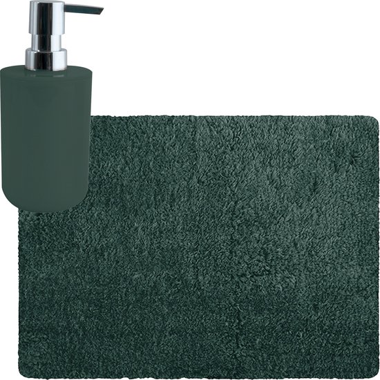 MSV badkamer droogloop tapijt/matje - Langharig - 50 x 70 cm - inclusief zeeppompje in dezelfde kleur - donkergroen