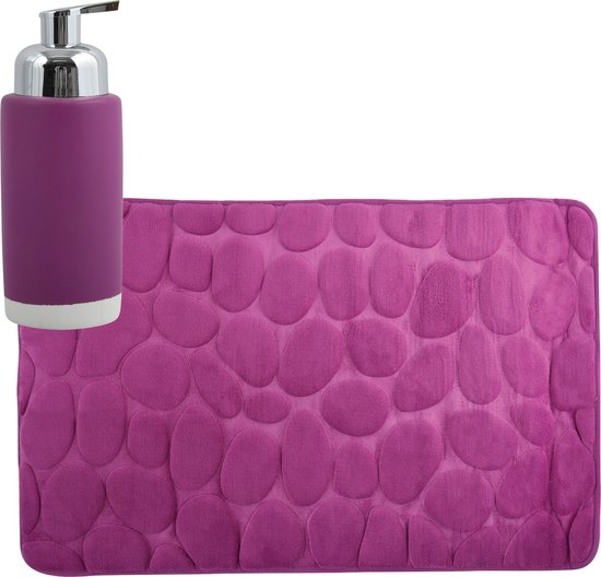 MSV badkamer droogloop mat/tapijt Kiezel motief - 50 x 80 cm - zelfde kleur zeeppompje 260 ml - paars