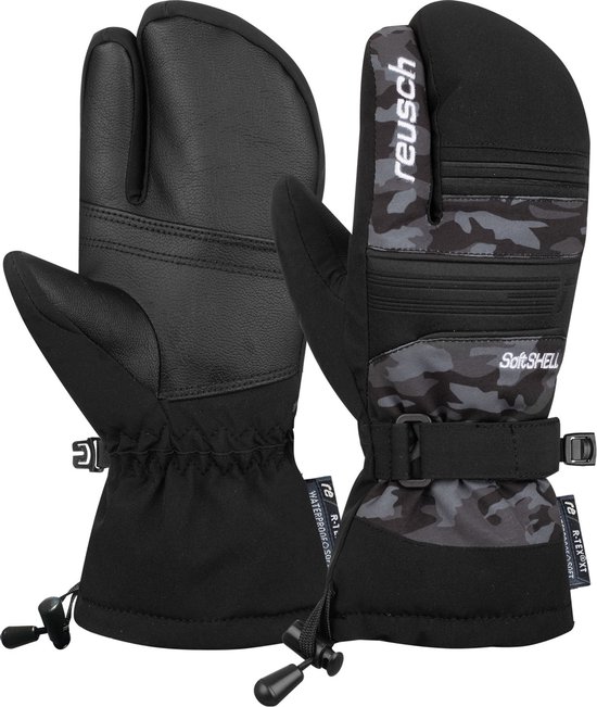 Zwarte lobster handschoen en grijze camouflage handschoen naast elkaar. Reusch logo.