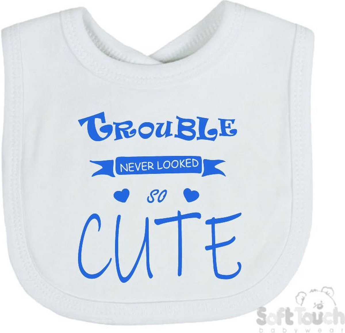 Goedkoopste Soft Touch Slabber Slabbetje Slab Trouble never looked so good Unisex Katoen Wit/blauw Maat 33x22 Cm