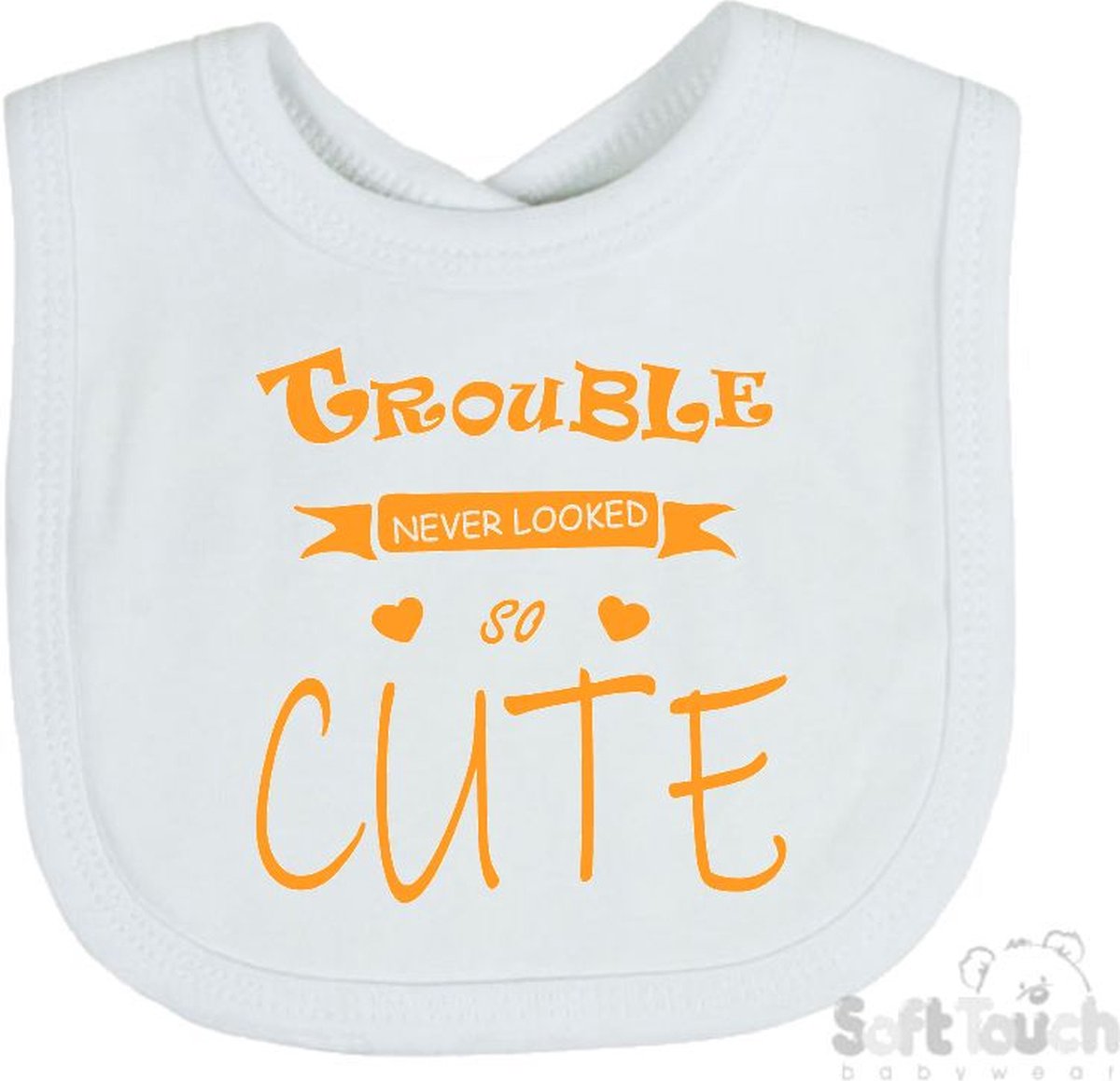 Goedkoopste Soft Touch Slabber Slabbetje Slab Trouble never looked so good Unisex Katoen Wit/mosterd Maat 33x22 Cm