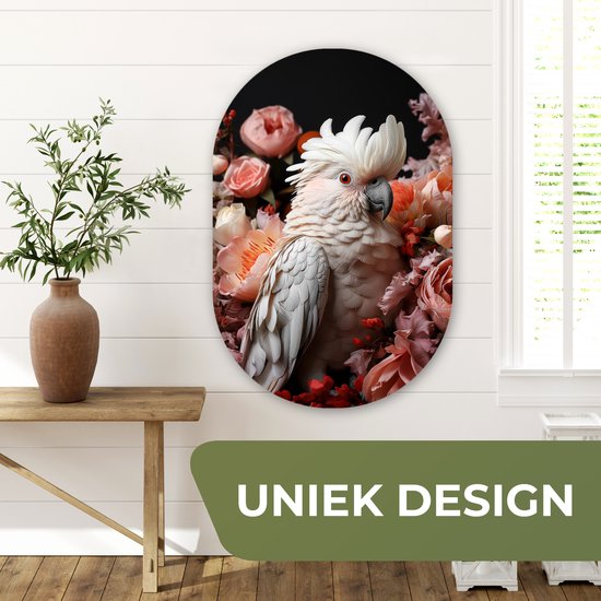 Mur ovale 60x90 cm - Mur ovale Cacatoès - Animal - Nature - Botanique - Fleurs - Rose - Décoration murale plastique - Tableau ovale - Décoration murale salon - Peintures - Forme miroir ovale sur plastique