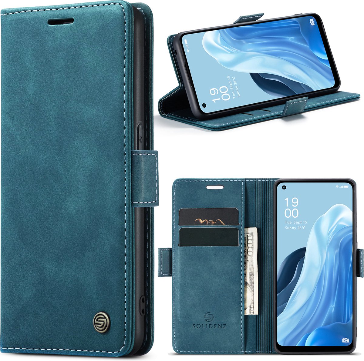 Geschikt Voor Oppo Reno 8 Lite Hoesje - Solidenz Urban Bookcase Reno 8 Lite - Telefoonhoesje Reno 8 Lite - Reno 8 Lite Case Met Pasjeshouder - PU Leren Hoes - Draadloos Opladen - Reno8 Lite - Blauw