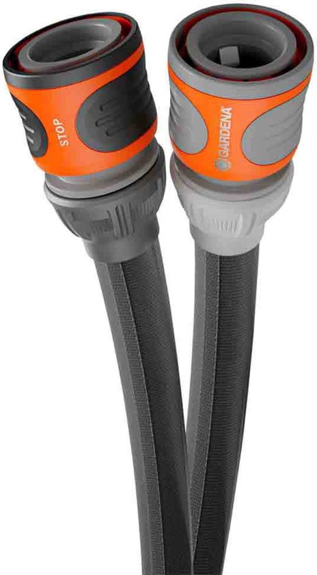 Twee Gardena Liano slangkoppelingen, grijs met oranje accenten. Eén is gemarkeerd met 'STOP'.