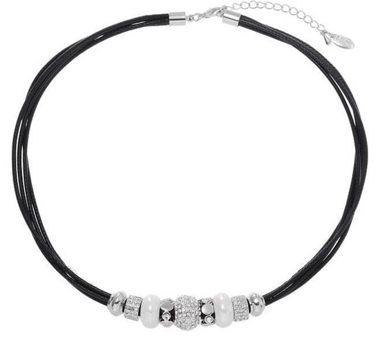 Behave Collier court en cordon ciré noir de 45 cm de longueur avec perles en métal + pierres de cristal + chaîne d'extension de 7,5 cm