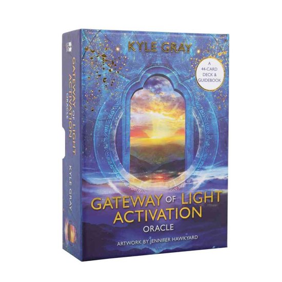 Doosje van 'Gateway of Light Activation Oracle' met een blauw, mystiek portaal en zonsondergang.