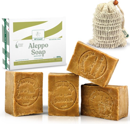 Green Fadel Aleppo Zeep 40% Laurier - Handzeep Olijfolie en 40% Laurier (4 Stuks) - Incl. Zeepzakje