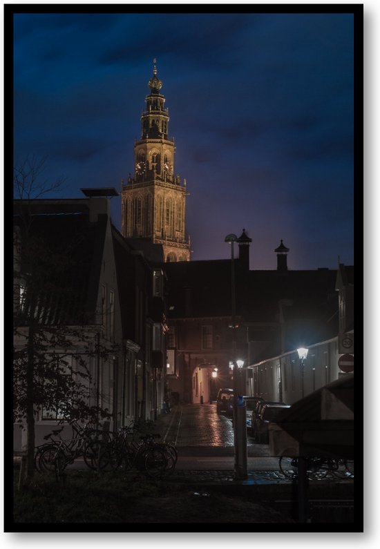 Nachtwake: Martinitoren - Turfsingel bij Avond - Fotoposter 40x60 met Lijst