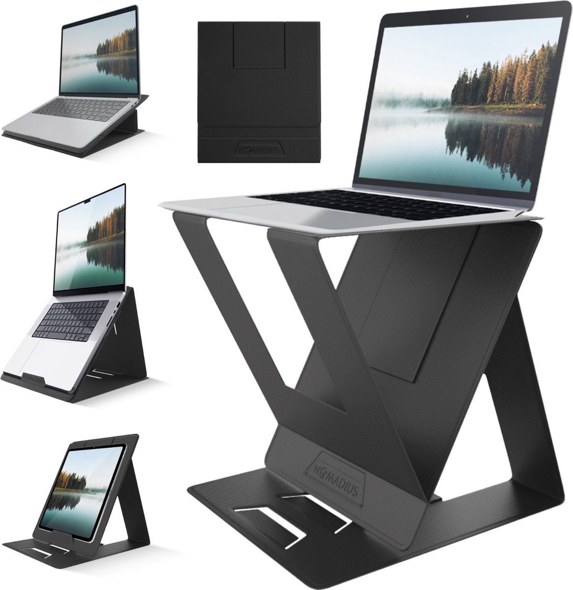 Nomadius X Stand - Opvouwbare Laptop Stand - Zit Sta Laptop Standaard - Verstelbaar in 5 Posities - Draagbaar - Premium PU-Leder - Snel Opzetbare Laptop, Tablet & iPad Houder - Tablethouder - Zit-Sta Bureau - Laptopstandaard