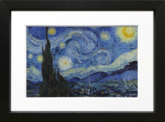 Kunstcadeau kunst in het klein - Van Gogh Sterrennacht - ingelijst met fotografische passe-partout - 15x20cm