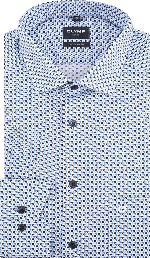 OLYMP modern fit overhemd - popeline - blauw met wit dessin - Strijkvrij - Boordmaat: 39
