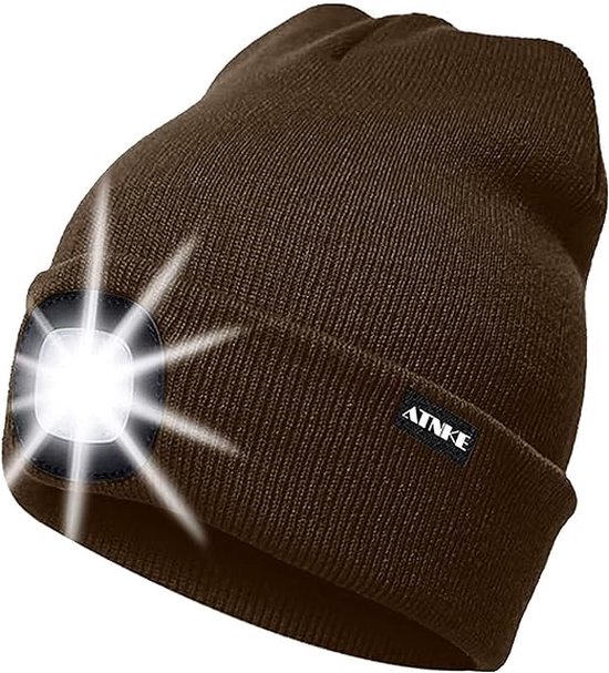 Muts met LED verlichting - Beanie Bruin - USB-oplaadbaar - 4 helder licht LED lampen - 3 standen - One-size - Unisex - Waterdicht - Black Friday 2023 - Kerstcadeau