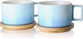 Tasse à cappuccino en porcelaine avec soucoupe en bois, ensemble de tasses Demitasse 310 ml pour café, cappuccino, latte, expresso, americano, thé (bleu ciel)