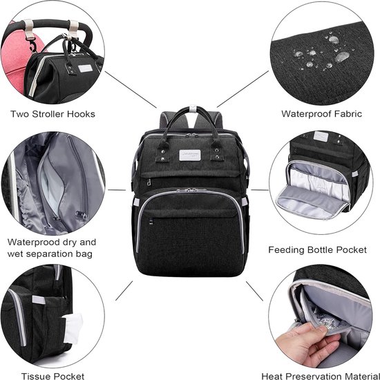 Sac à dos à langer, sac à langer de grande capacité, sac à langer de voyage  Portable avec lit pliable, sac à dos pour lit de bébé (Zwart)