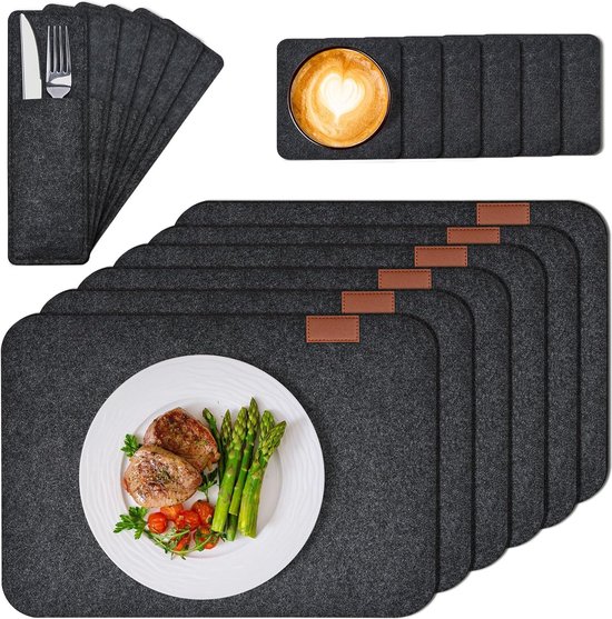 Foto: Placemats placemats afwasbaar 18 stuks 6 placemats 6 onderzetters 6 bestekzakken vilten onderzetters set antraciet vilt onderzetters tafelonderzetters tafelonderzetters vilten set