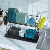 2-Tier Dish Drainer for Kitchen (43 x 23 x 36.5 cm), Dish Drainer with Utensil Holder and Drip Tray, Dish Drying Rack