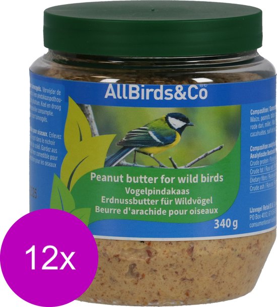 Pot vogelpindakaas met een afbeelding van een koolmees op een tak. Tekst: Peanut butter for wild birds.