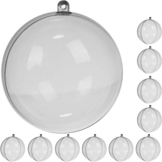 Tien transparante, ronde kerstballen met een ophangoog, waarvan één groot en negen kleiner.