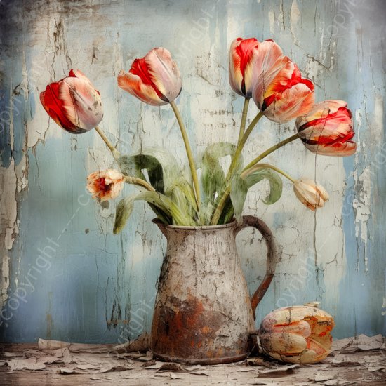 JJ-Art (Aluminium) 60x60 | Tulpen in vaas, grunge stijl, krassen, oude muur, kunst | bloemen, bloem, plant, rood, blauw, groen, bruin, modern | foto-schilderij op dibond, metaal wanddecoratie