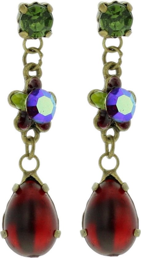 Behave Oorbel - oorstekers rood / groen / multi color met bloemetje en druppelvormige hanger