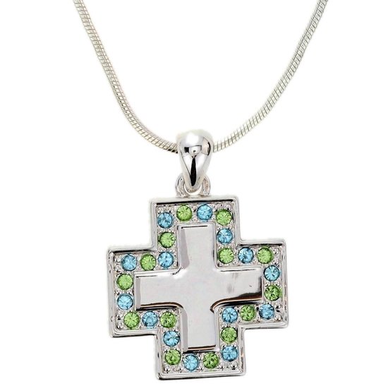 Behave Zilver-kleurige ketting met kruis met groen en blauwe steentjes